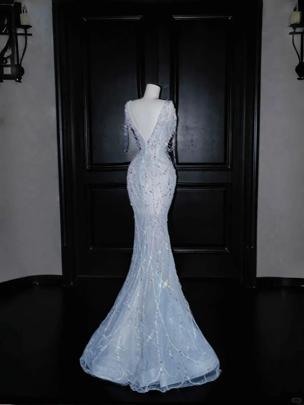 Dream Blue Tulle Beaded Chain V Neck Long Mermaid Prom Dress Evening Dress Y8665