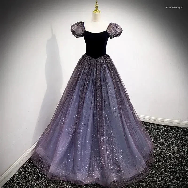 Purple Tulle Short Sleeve Formal Dress Cute A-Line Evening Dress Y4291