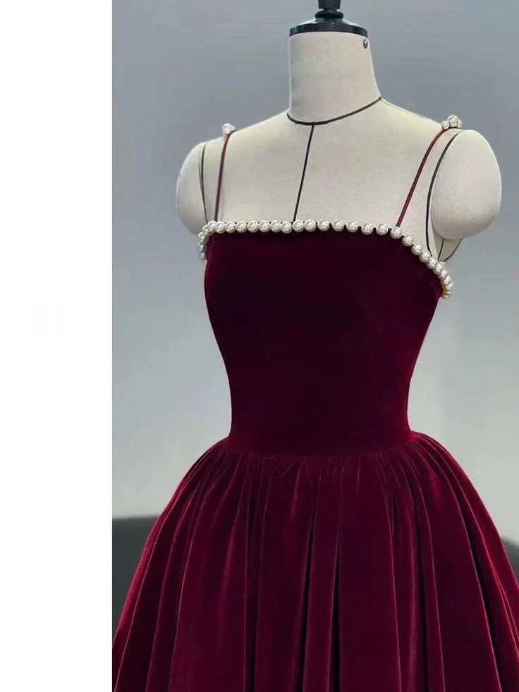 Burgundy Beaded Velvet Prom Dress Spaghetti Strap Mid Long Evening Dress Y4631