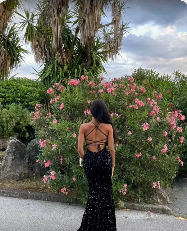 Shiny Black Sequins Long Evening Dress With Lace-up Back Y4946