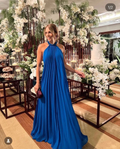 Simple Blue Pleated Evening Dress Vacation Dress Y5113