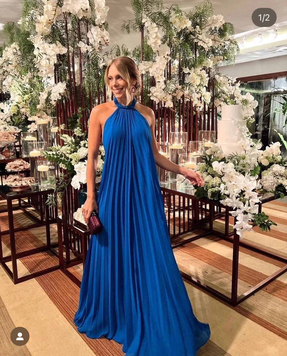 Simple Blue Pleated Evening Dress Vacation Dress Y5113