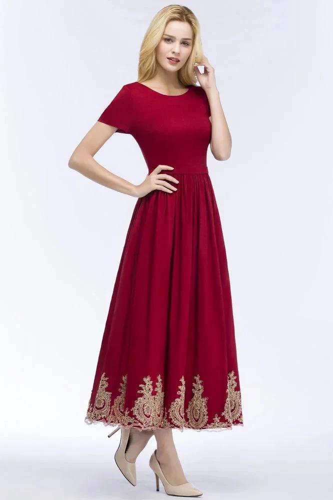 A-line Ankle Length Short Sleeves Appliques Plus Size Prom Dresses with Sash