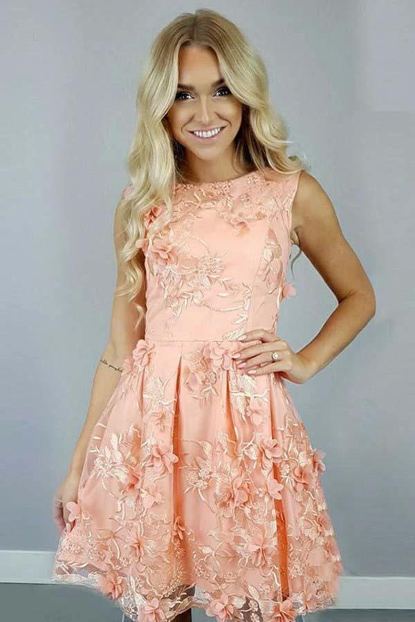 A-Line Bateau  Coral Satin Homecoming Dress with Appliques Flowers PD112