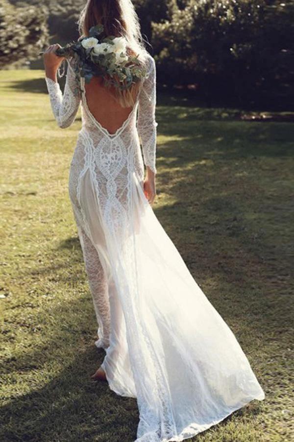 Sheath Bateau Long Sleeves Backless Chiffon Wedding Dress with Lace WD400