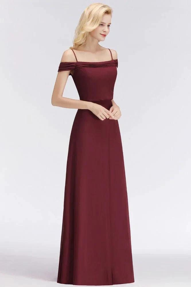 A-line Burgundy Bridesmaid Dress Off-the-shoulder Floor Length Party Dress