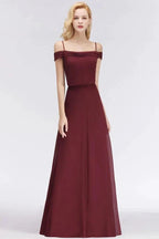 A-line Burgundy Bridesmaid Dress Off-the-shoulder Floor Length Party Dress