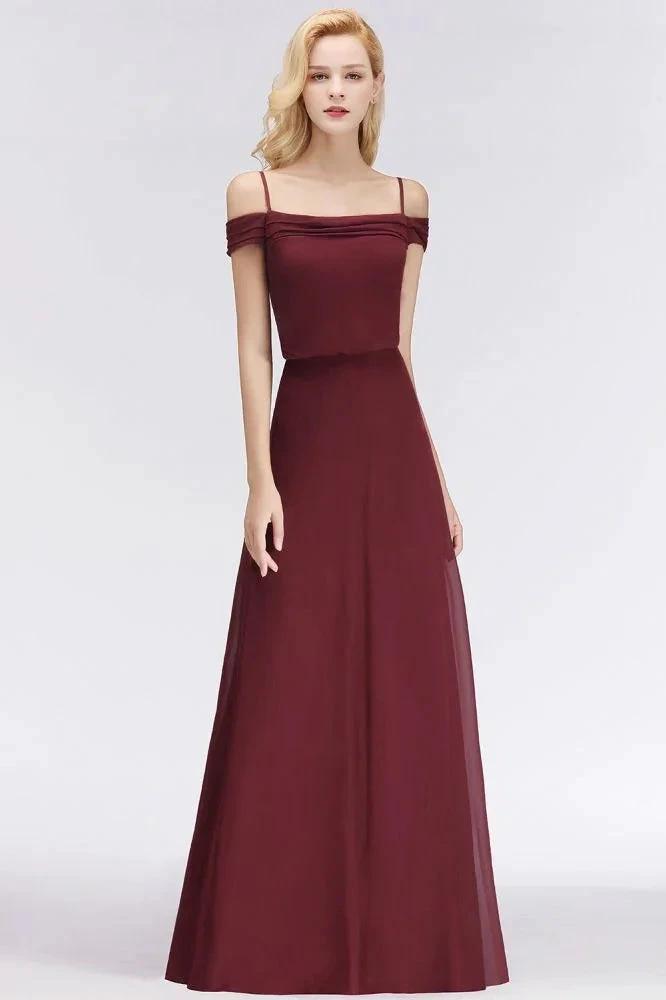 A-line Burgundy Bridesmaid Dress Off-the-shoulder Floor Length Party Dress