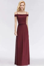 A-line Burgundy Bridesmaid Dress Off-the-shoulder Floor Length Party Dress