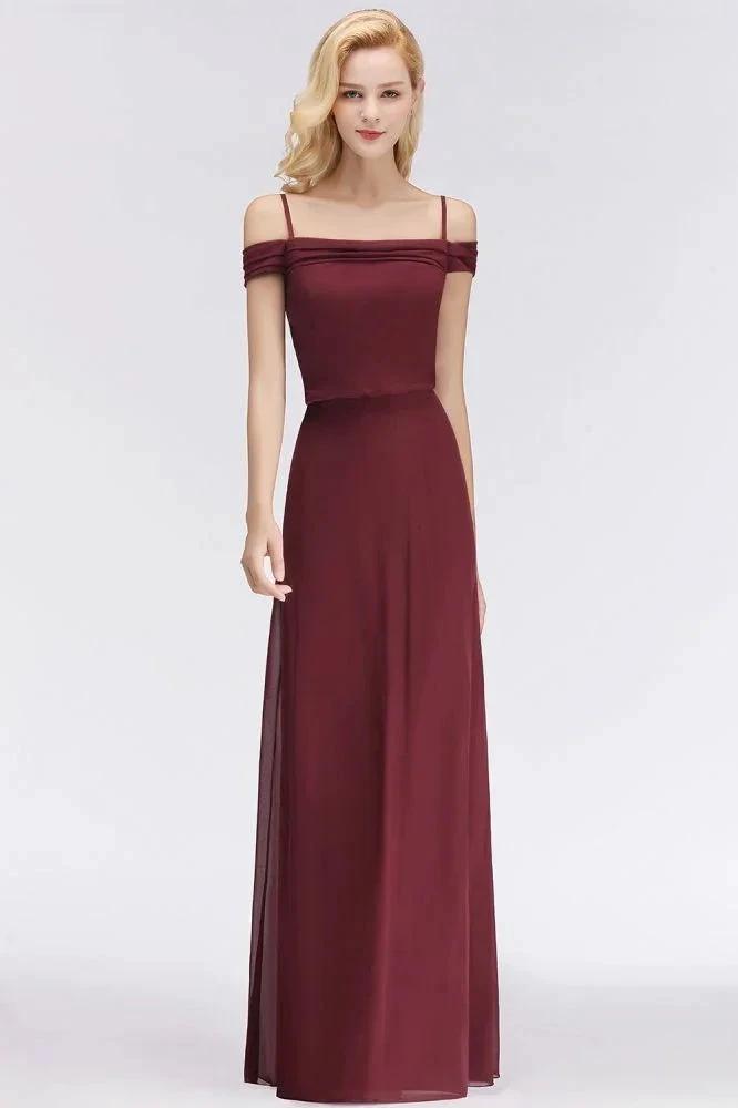 A-line Burgundy Bridesmaid Dress Off-the-shoulder Floor Length Party Dress