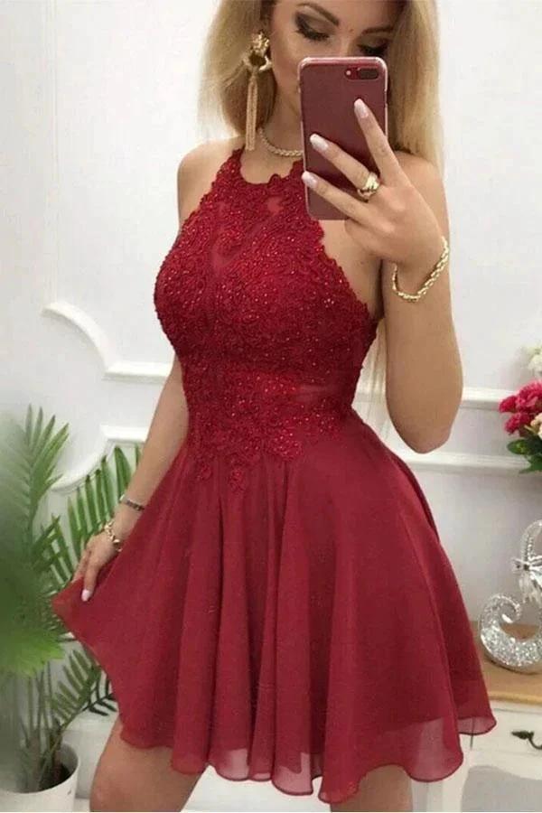 A-Line Burgundy Chiffon Halter Appliques Short Homecoming Dress PD399
