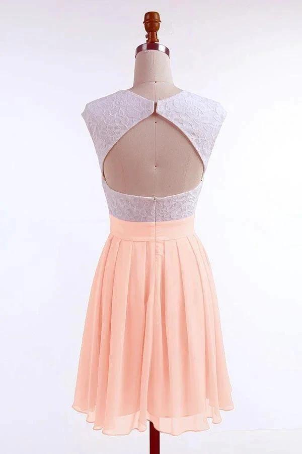 A-line Cap Sleeves Short Pearl Pink Chiffon Homecoming Dress with Lace PD092