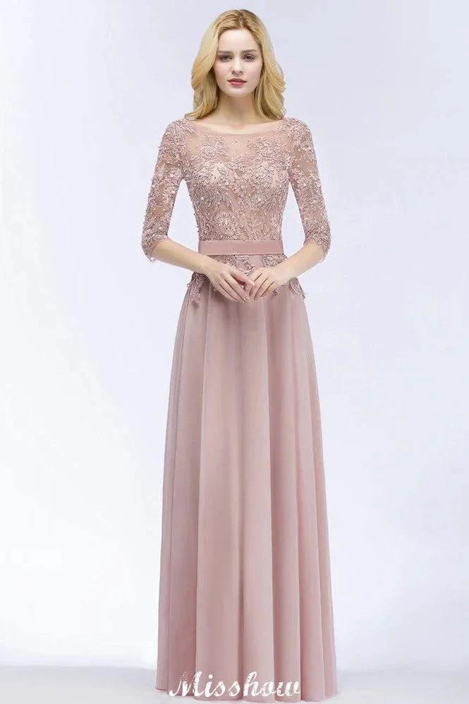 A-line Chiffon Appliques Bridesmaid Dresses Jewel Half-Sleeves Floor-Length Evening Gown with Sash