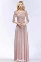 A-line Chiffon Appliques Bridesmaid Dresses Jewel Half-Sleeves Floor-Length Evening Gown with Sash