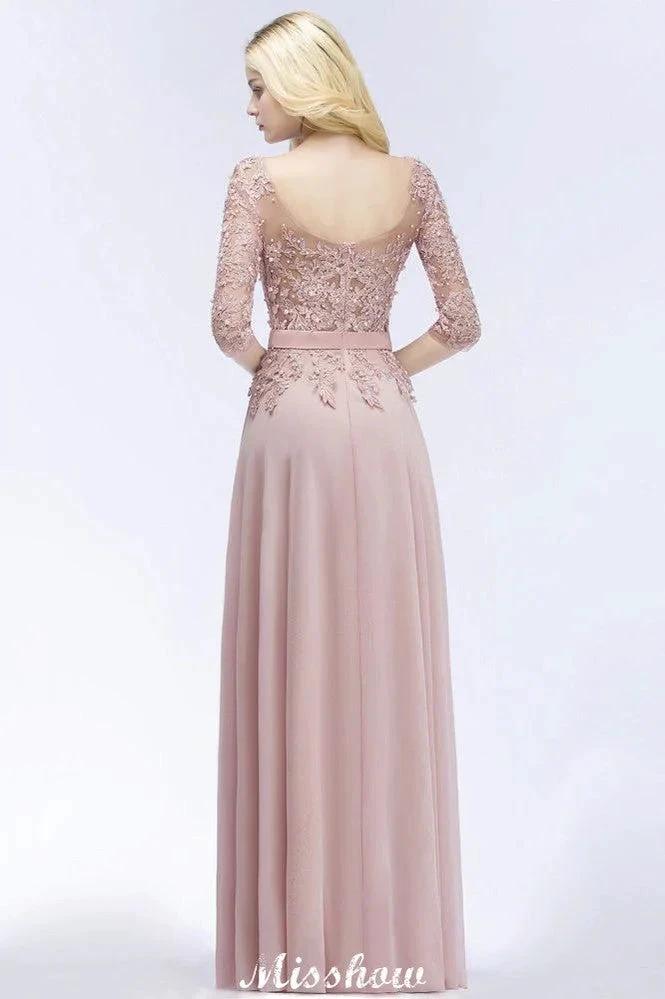 A-line Chiffon Appliques Bridesmaid Dresses Jewel Half-Sleeves Floor-Length Evening Gown with Sash