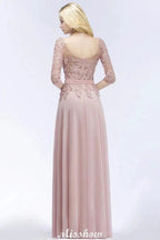 A-line Chiffon Appliques Bridesmaid Dresses Jewel Half-Sleeves Floor-Length Evening Gown with Sash