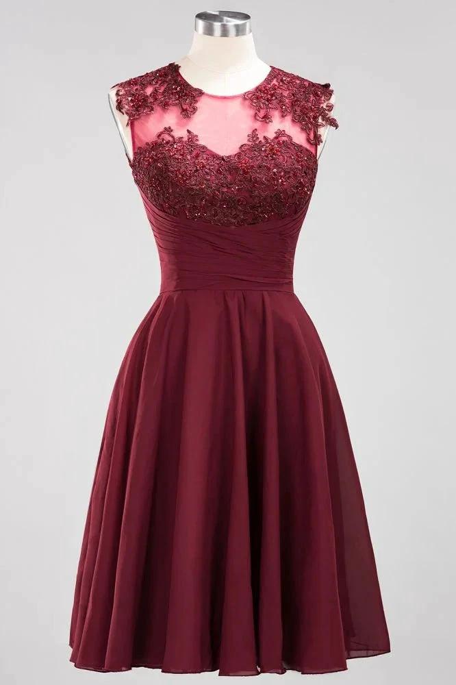A-line Chiffon Appliques Jewel Sleeveless Knee-Length Bridesmaid Dresses with Ruffles