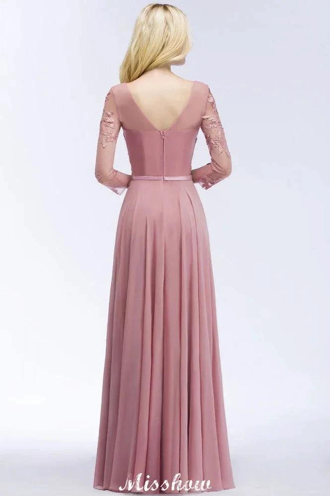 A-line Chiffon Floor-Length Bridesmaid Dress Appliques V-Neck Long-Sleeves Evening Dress