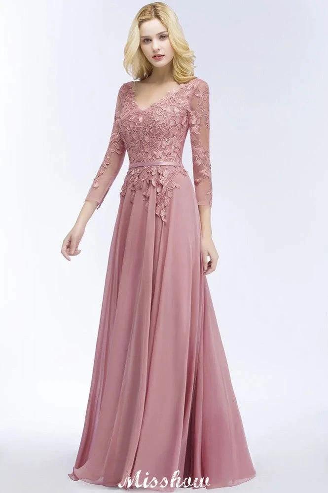 A-line Chiffon Floor-Length Bridesmaid Dress Appliques V-Neck Long-Sleeves Evening Dress