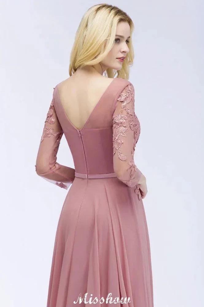 A-line Chiffon Floor-Length Bridesmaid Dress Appliques V-Neck Long-Sleeves Evening Dress