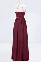 A-line Chiffon Halter Sleeveless Floor-Length Bridesmaid Dress with Beading Sash
