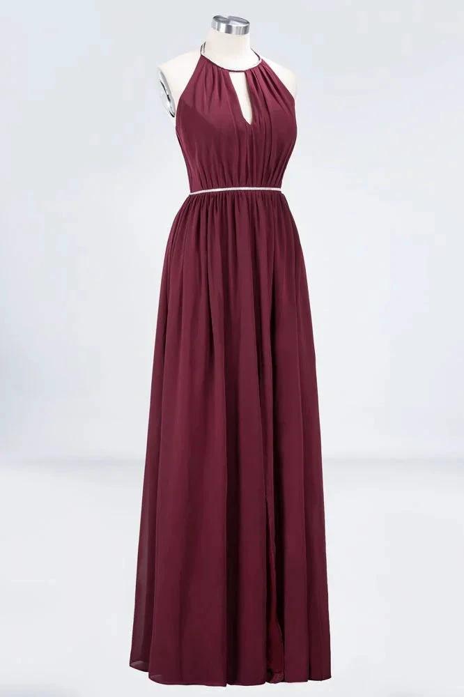 A-line Chiffon Halter Sleeveless Floor-Length Bridesmaid Dress with Beading Sash