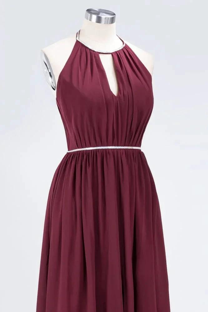 A-line Chiffon Halter Sleeveless Floor-Length Bridesmaid Dress with Beading Sash