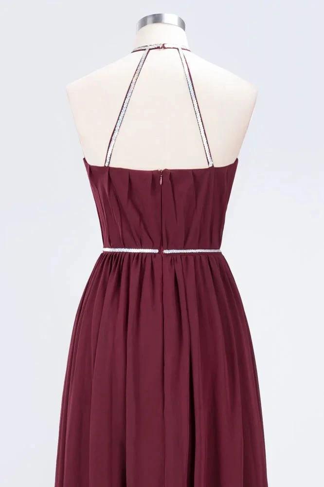 A-line Chiffon Halter Sleeveless Floor-Length Bridesmaid Dress with Beading Sash