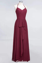A-Line Chiffon Halter V-Neck Sleeveless Floor-Length Bridesmaid Dress with Ruffle