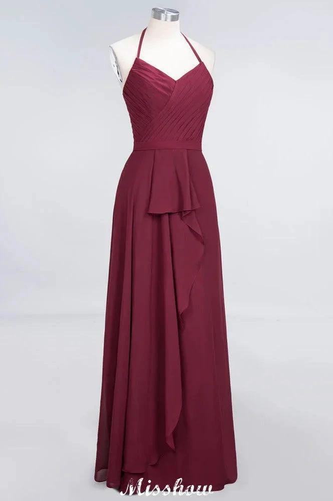 A-Line Chiffon Halter V-Neck Sleeveless Floor-Length Bridesmaid Dress with Ruffle