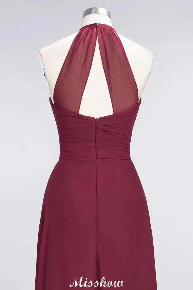 A-Line Chiffon Halter V-Neck Sleeveless Floor-Length Bridesmaid Dress with Ruffle