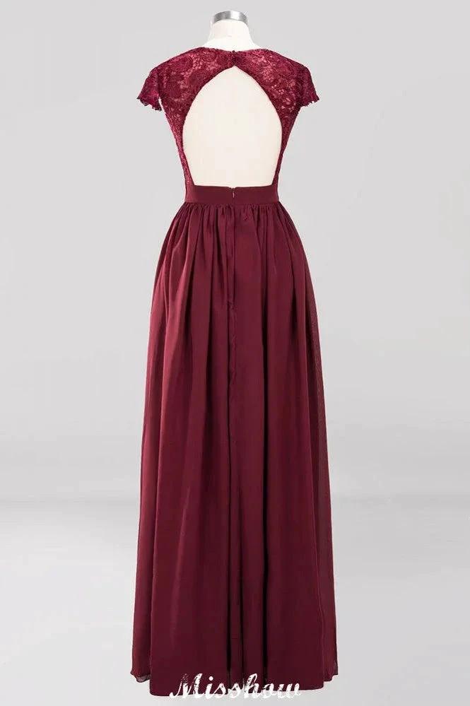A-line Chiffon Lace V-Neck Sleeveless Floor-Length Bridesmaid Dresses with Ruffles