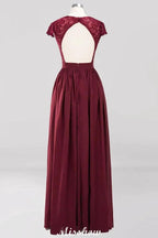 A-line Chiffon Lace V-Neck Sleeveless Floor-Length Bridesmaid Dresses with Ruffles