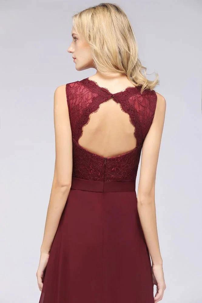 A-Line Chiffon Lace V-Neck Sleeveless Floor-Length Bridesmaid Dresses with Ruffles