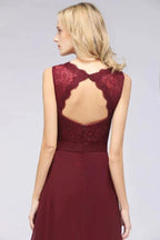A-Line Chiffon Lace V-Neck Sleeveless Floor-Length Bridesmaid Dresses with Ruffles