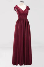 A-line Chiffon Lace V-Neck Sleeveless Floor-Length Bridesmaid Dresses with Ruffles