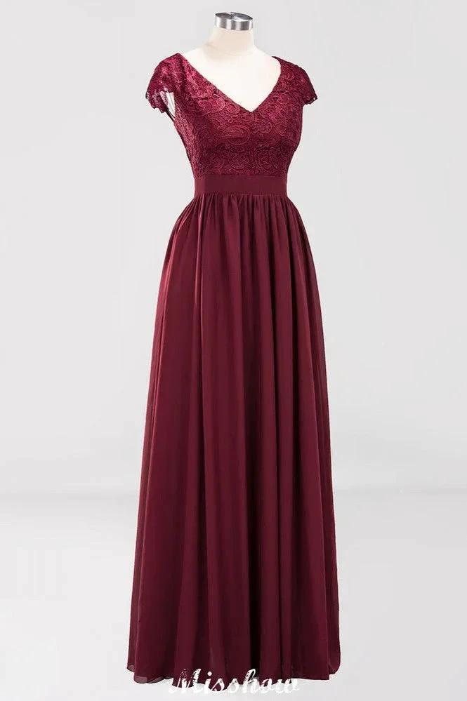 A-line Chiffon Lace V-Neck Sleeveless Floor-Length Bridesmaid Dresses with Ruffles
