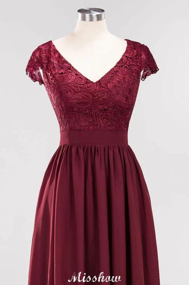 A-line Chiffon Lace V-Neck Sleeveless Floor-Length Bridesmaid Dresses with Ruffles