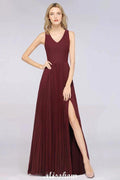 A-Line Chiffon V-Neck Sleeveless Bridesmaid Dress Floor-Length Ruffles Side Split Evening Gown