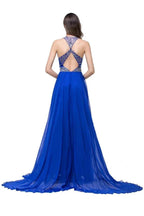 A-line Crew Floor-length Sleeveless Tulle Prom Dresses with Crystal Beads