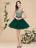 A-line Crew Short Sleeveless Appliques Prom Dresses