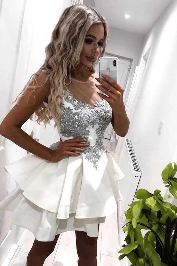 A-Line Crew Short Tiered White Homecoming Dress with Appliques PD071