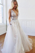 A Line Deep V-Neck Backless White Wedding Dress With Appliques  WD446