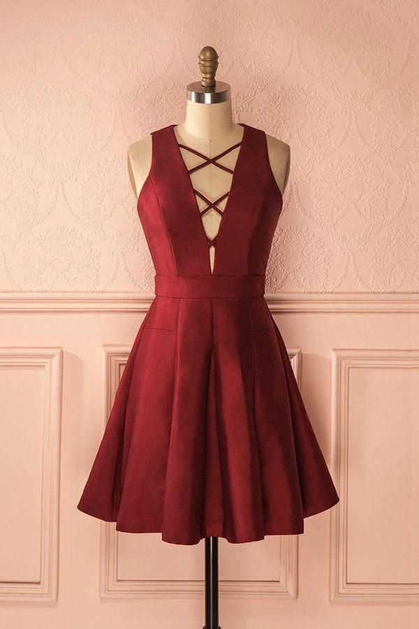 A-Line Deep V-Neck Sleeveless Lace-up Burgundy Satin Homecoming Dress PD386