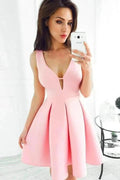 A-line Deep V-neck Wide Straps Satin Short Prom Dresses