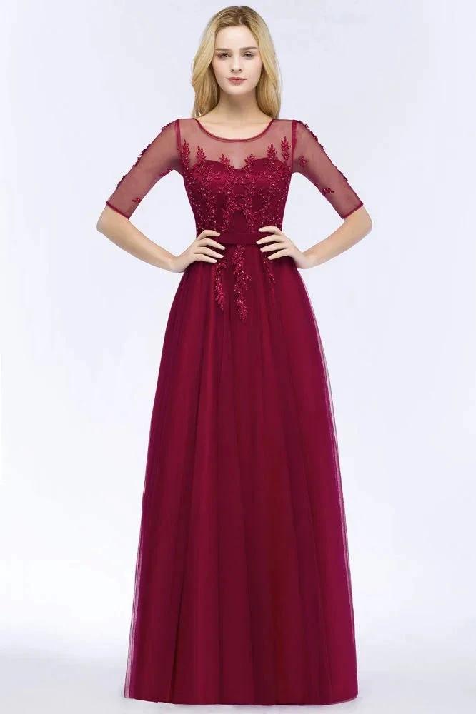 A-line Floor Length Appliques Tulle Bridesmaid Dress Half Sleeve Evening Dress