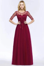 A-line Floor Length Appliques Tulle Bridesmaid Dress Half Sleeve Evening Dress
