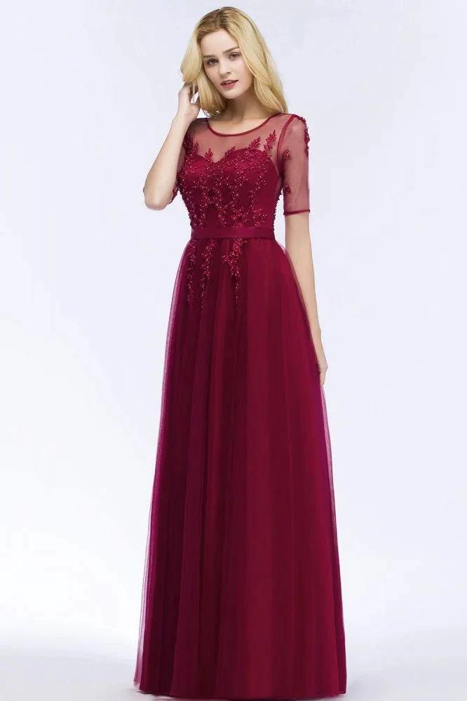 A-line Floor Length Appliques Tulle Bridesmaid Dress Half Sleeve Evening Dress