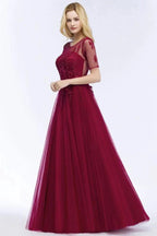 A-line Floor Length Appliques Tulle Bridesmaid Dress Half Sleeve Evening Dress