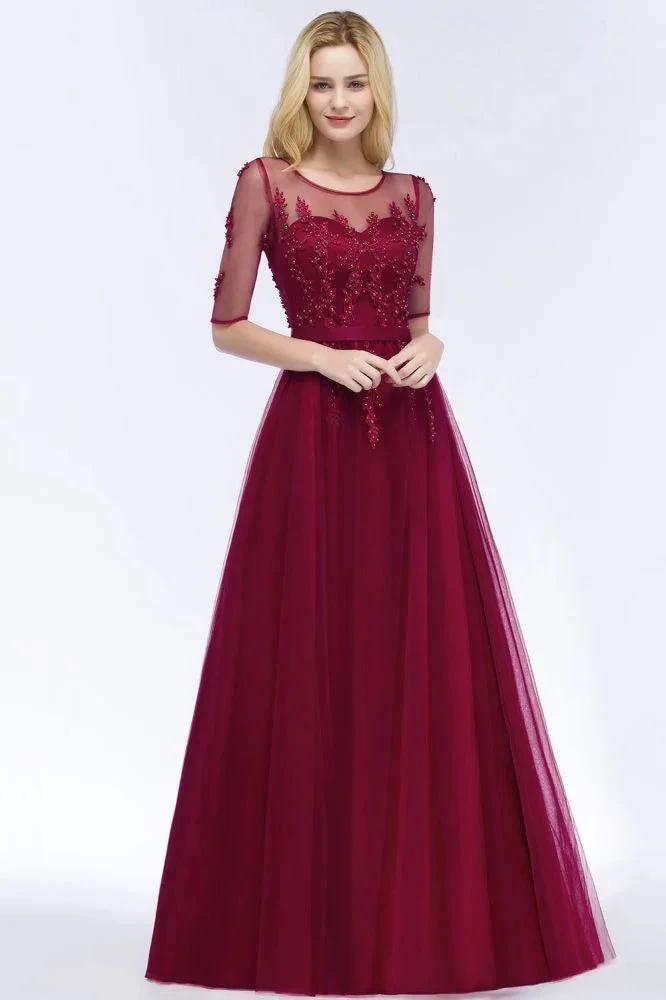 A-line Floor Length Appliques Tulle Bridesmaid Dress Half Sleeve Evening Dress